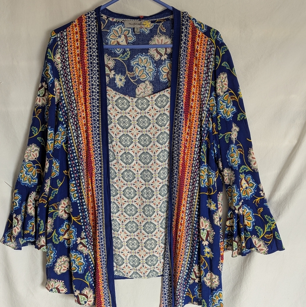 Fig And Flower Rayon Plus Size 2X Top Multi Color Attached Tank Bell Sleeves - Picture 2 of 14